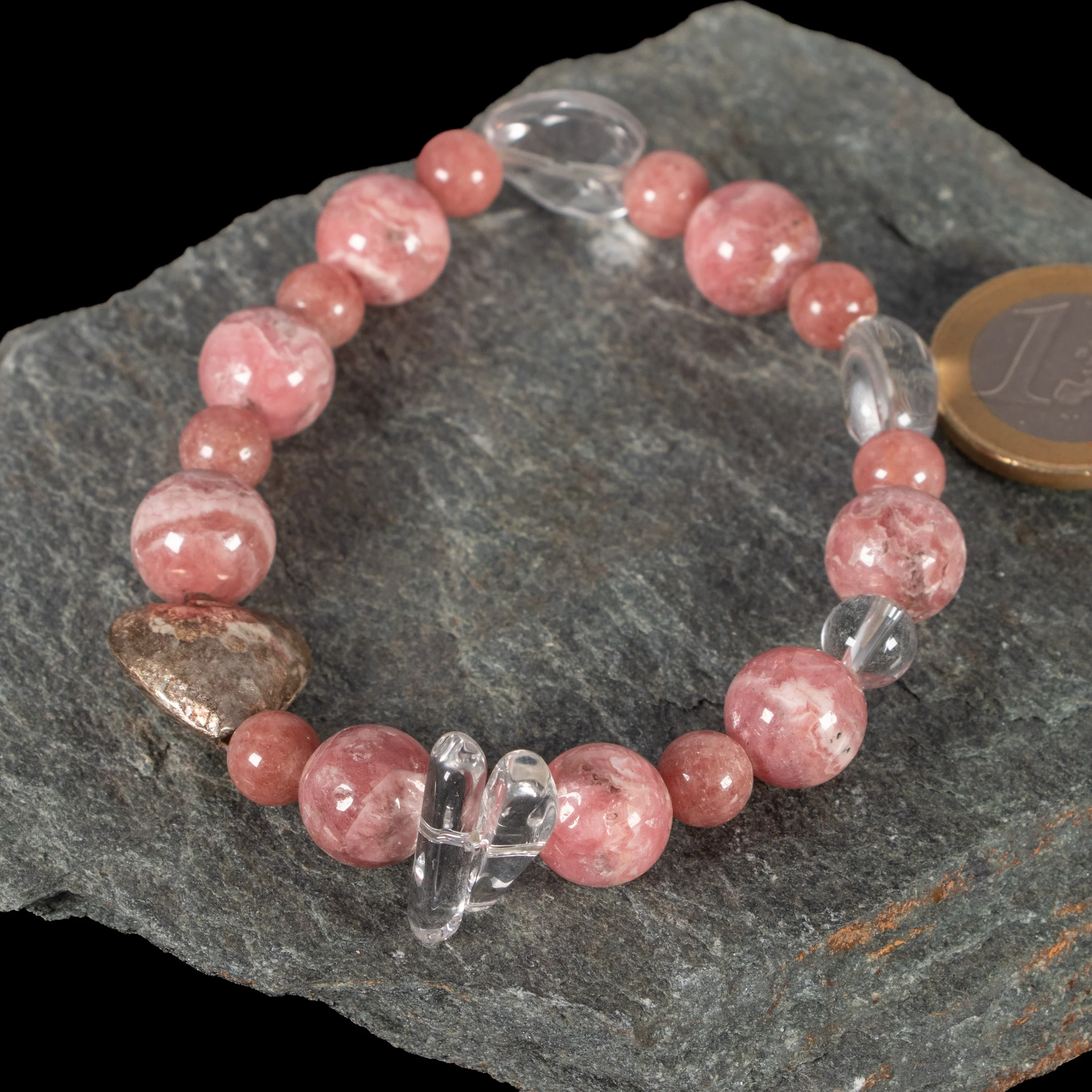 Rhodochrosit Armband mit Bergkristall und Silberherz