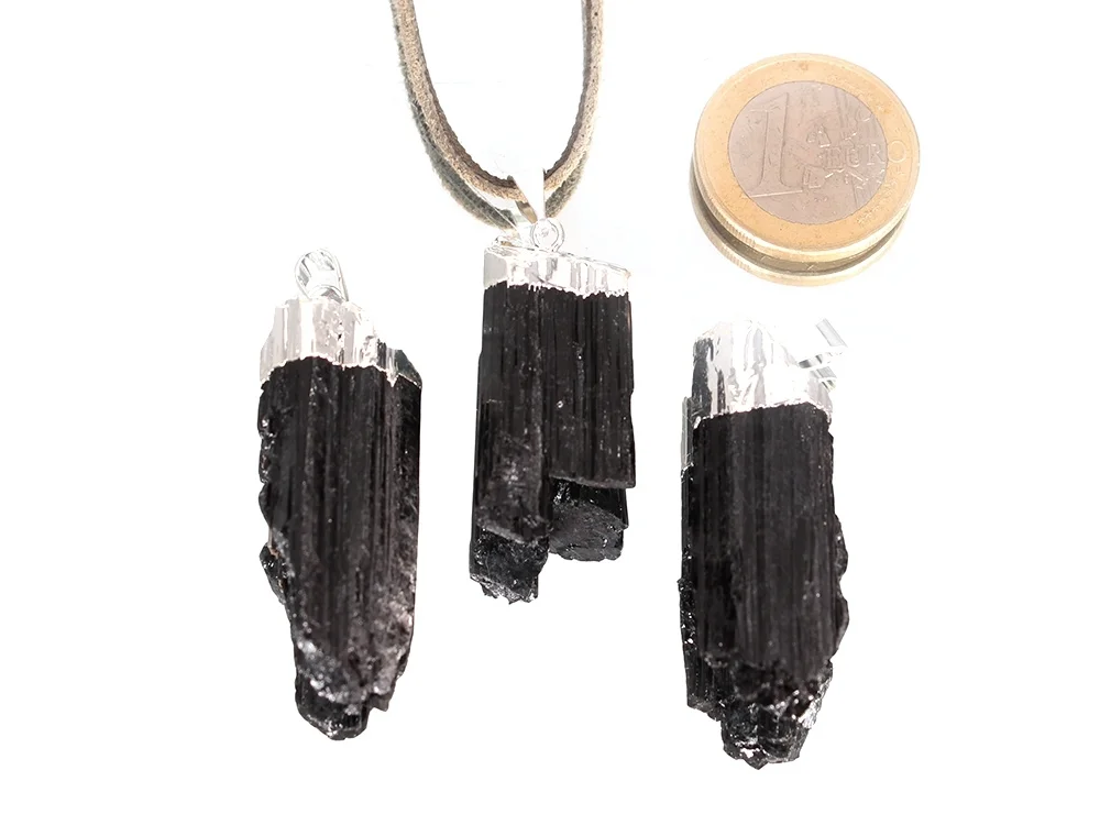 Black tourmaline rough stone pendant - silver setting**